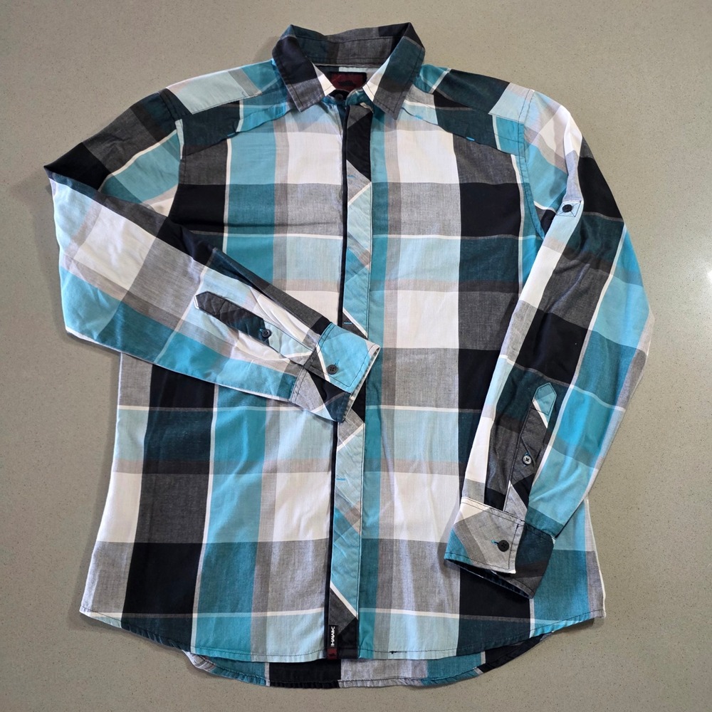 Tony Hawk Mens Medium Plaid Button Down Shirt Teal Blue Black Long Sleeve Casual